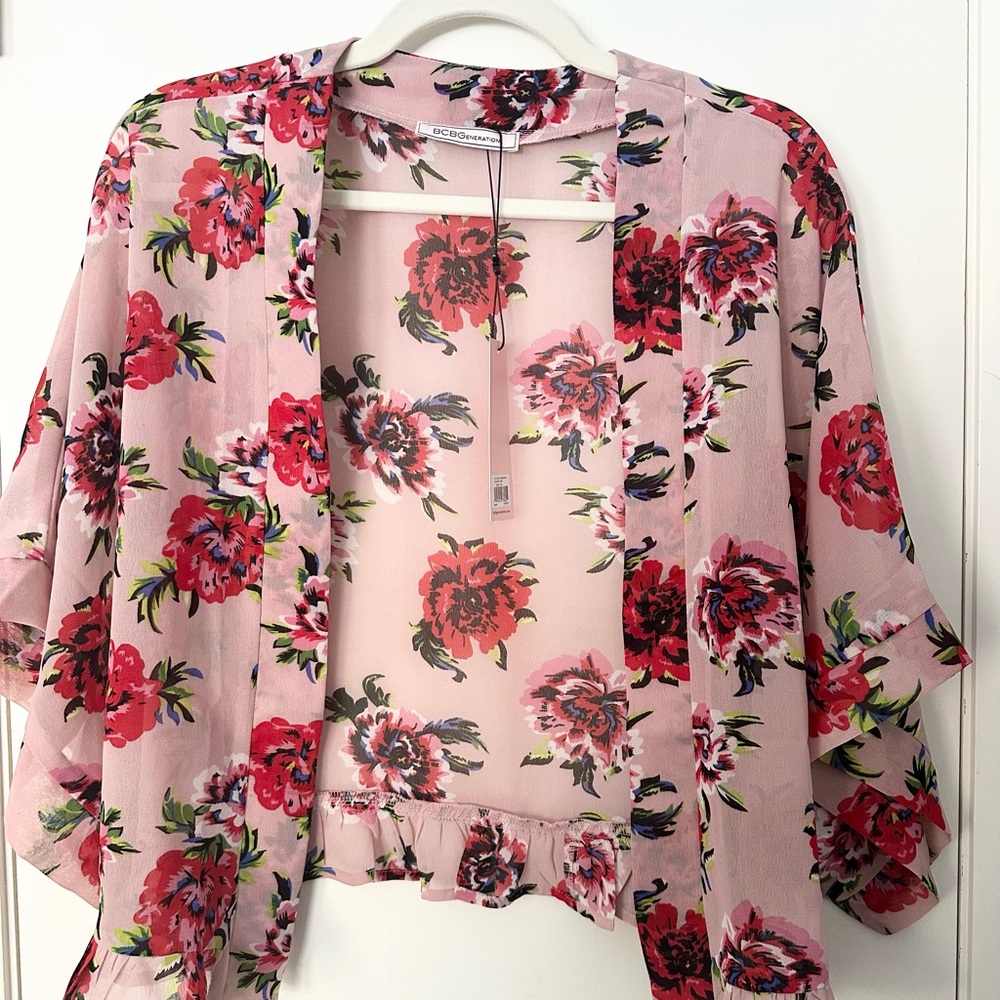NWT BCBGeneration Sheer Floral Ruffle Kimono Cardigan - Pink - O/S